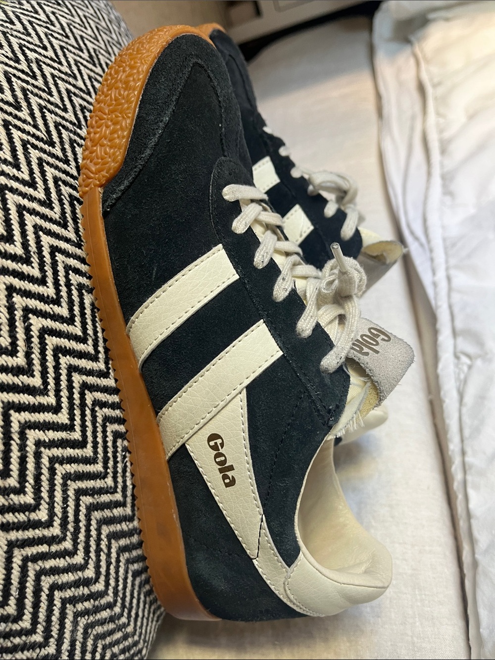 Gola Black Suede Sneakers with Cream Stripes and Gum Sole